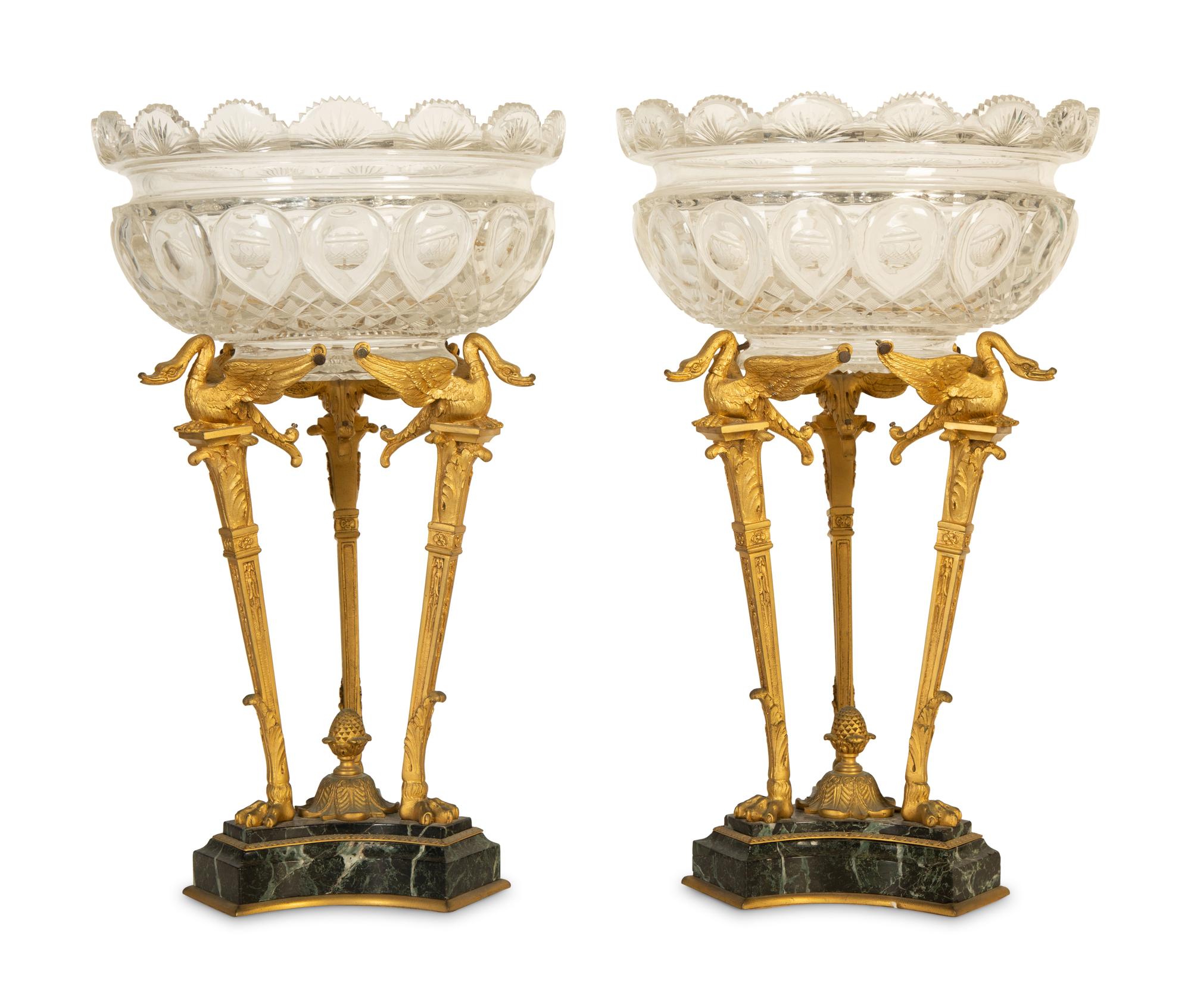 A Pair of Empire Style Cut Leaded Crystal and Gilt Metal Compotes — Early 20th Century
