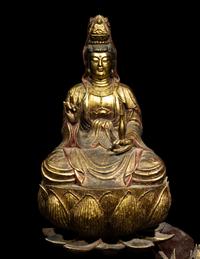 A Chinese Red and Gilt Lacquered Wood Figure of Guanyin