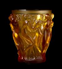 A Lalique Molded and Frosted Amber Glass Vase, Height 9 5/8 inches.