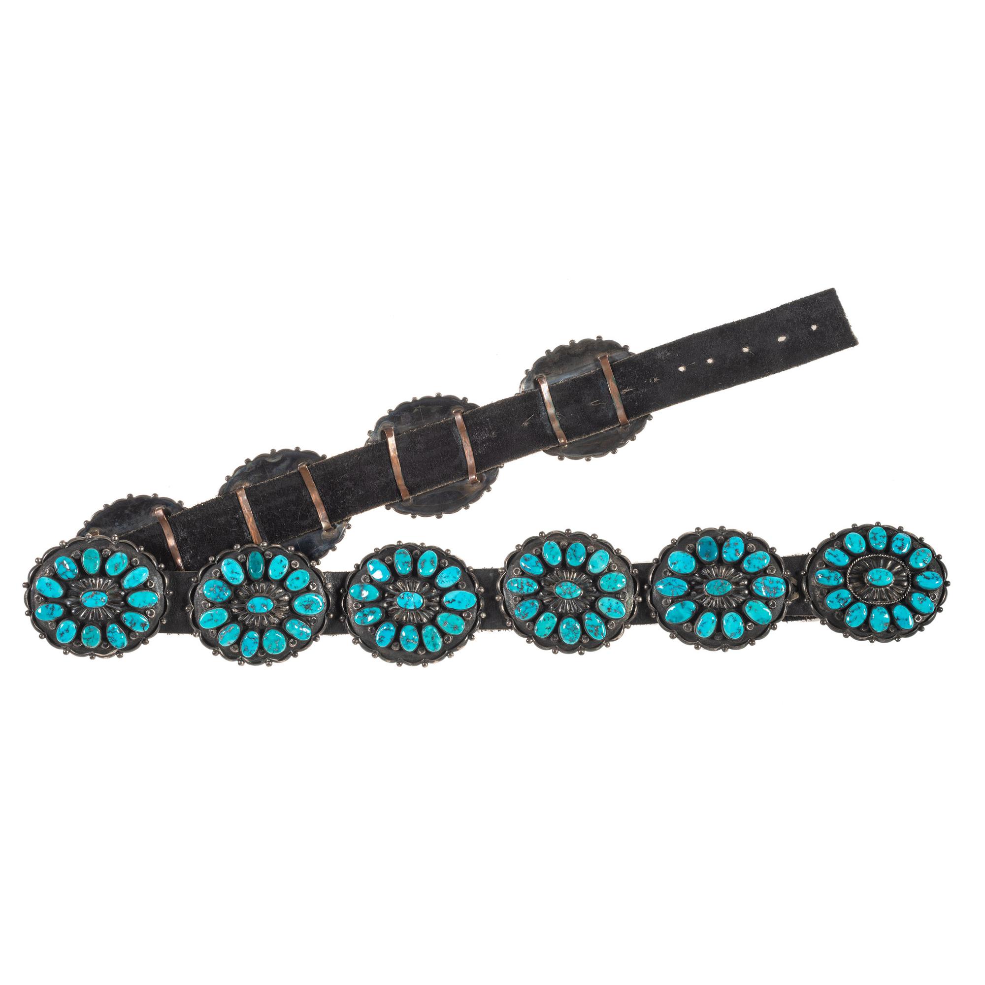 Navajo Silver and Turquoise Cluster Concha Belt