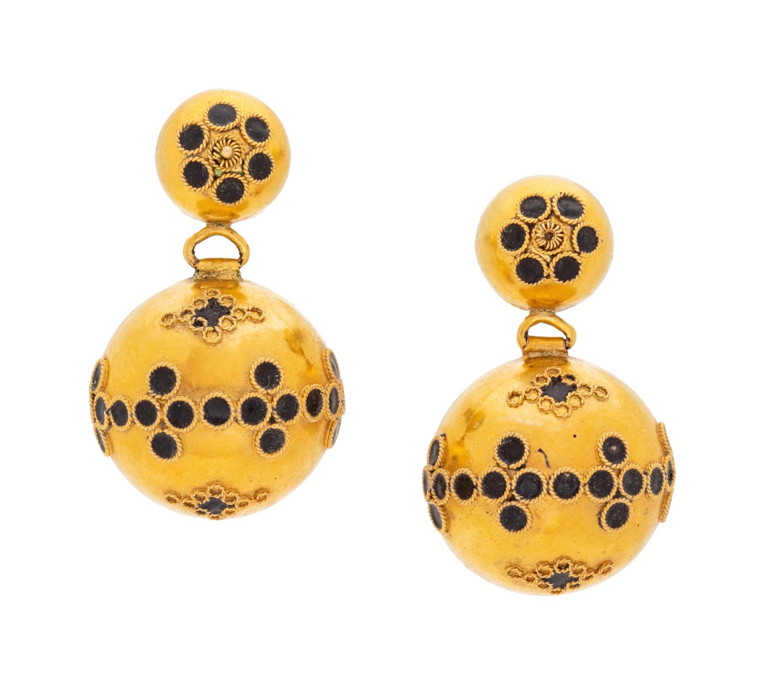 A Pair of Victorian Yellow Gold and Enamel Earrings,