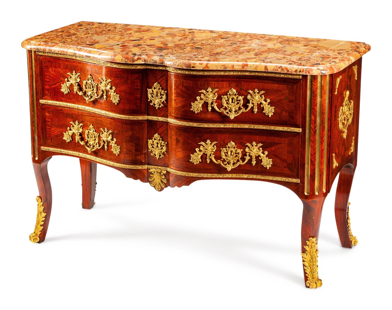 A Regence Style Gilt Bronze Mounted Parquetry Commode