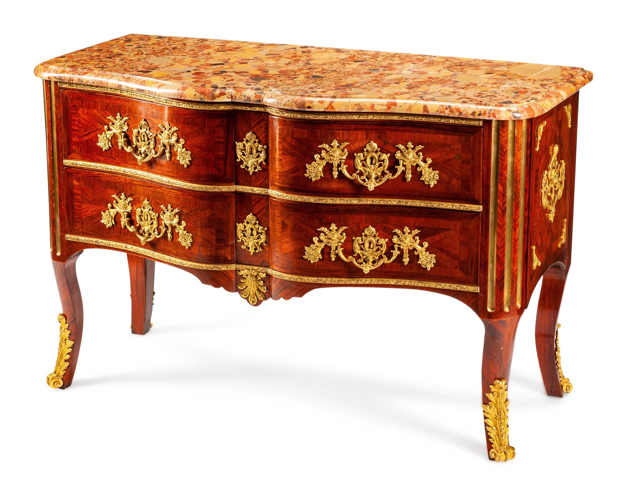 A Regence Style Gilt Bronze Mounted Parquetry Commode