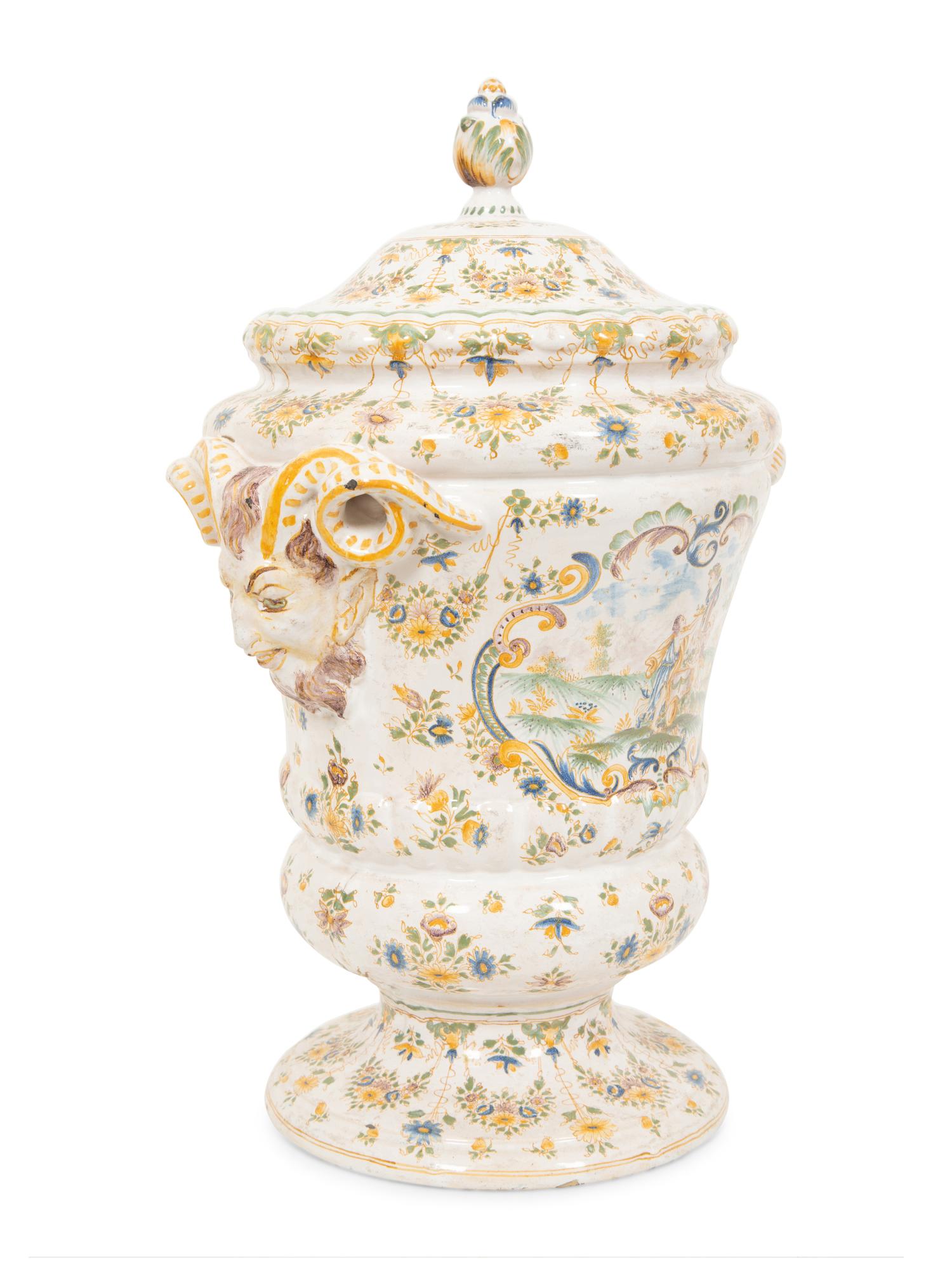 A Large Majolica Covered Urn with Horned Satyr Mask Handles