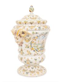 A Large Majolica Covered Urn with Horned Satyr Mask Handles