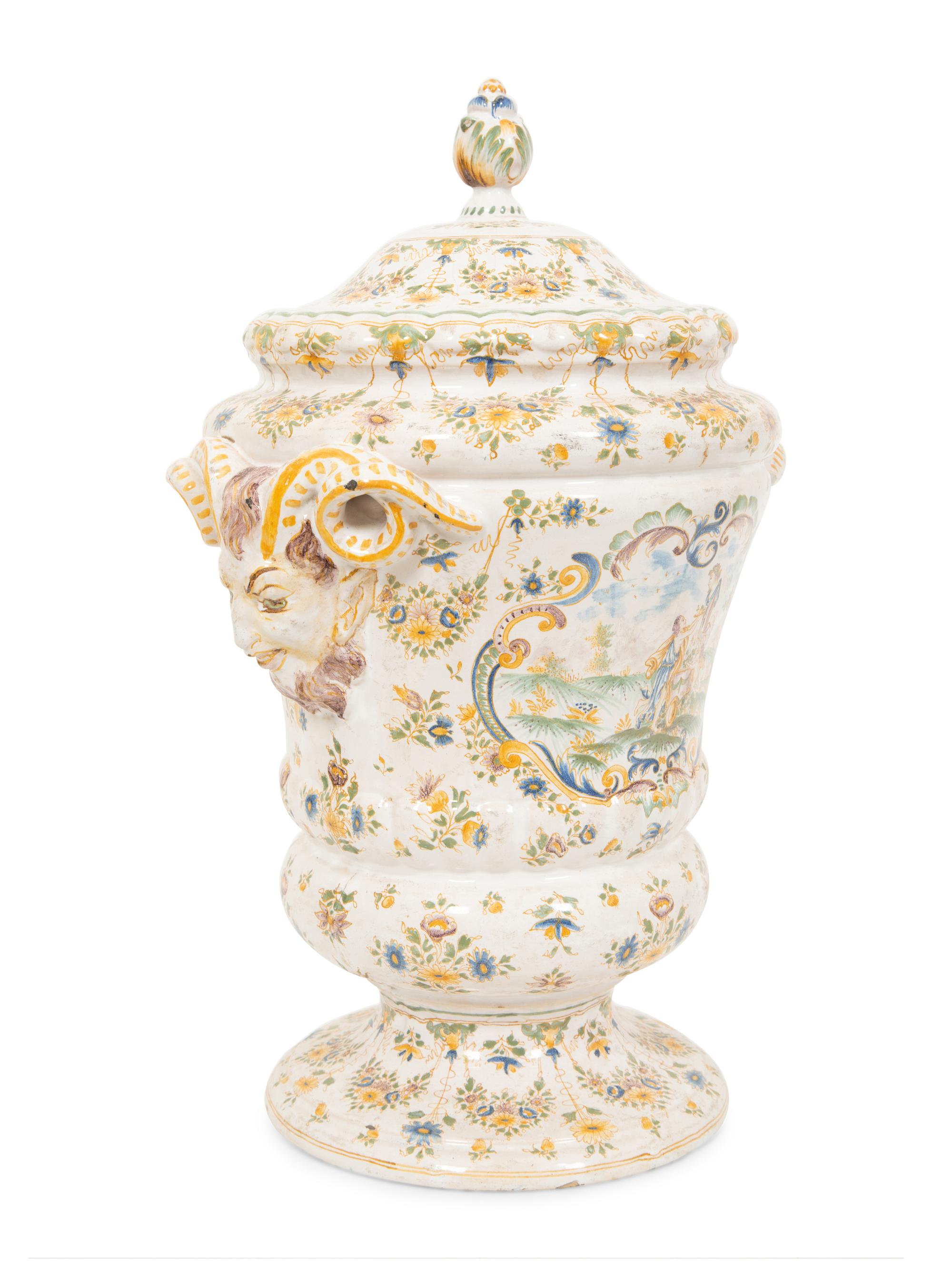 A Large Majolica Covered Urn with Horned Satyr Mask Handles