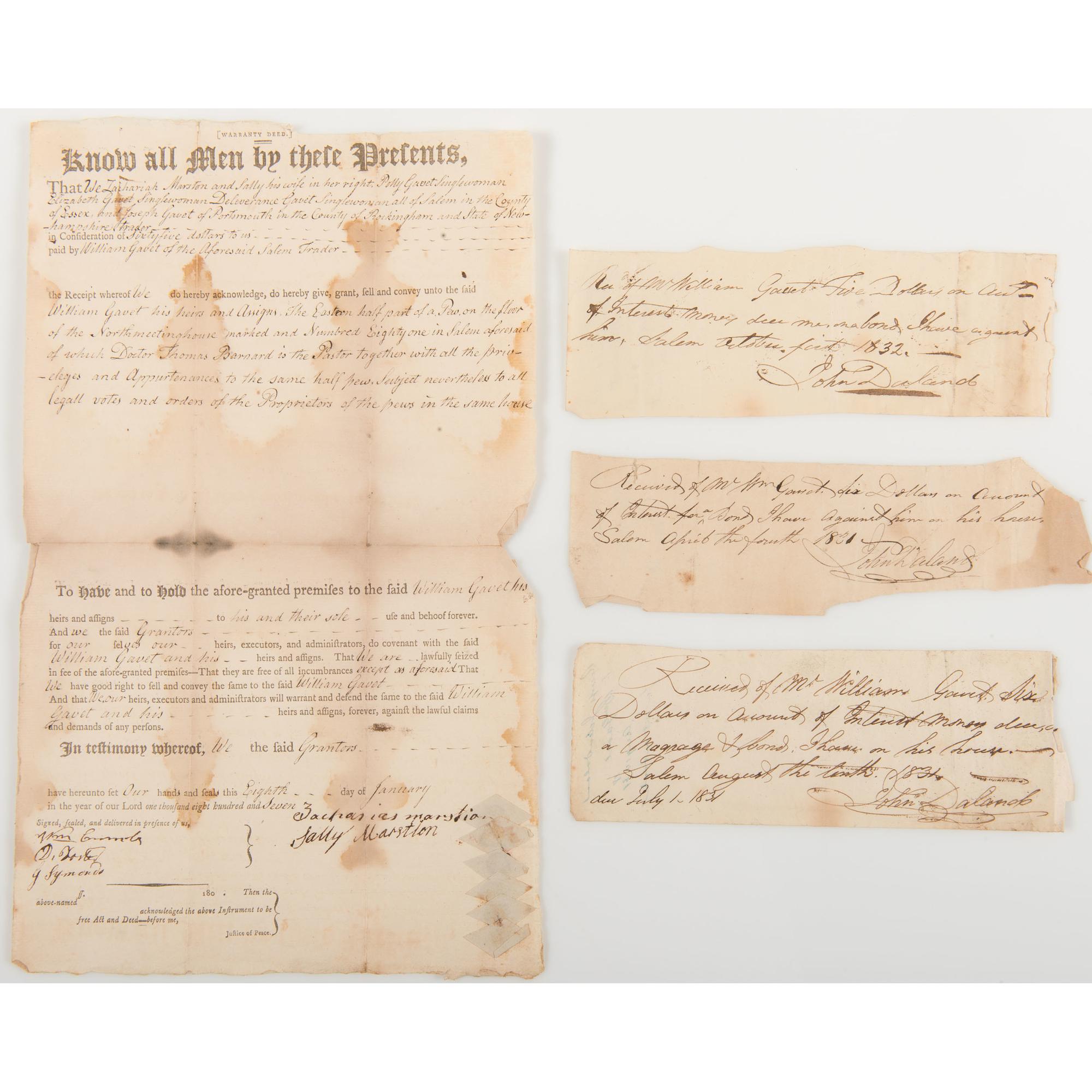Archive of the Gavet Family of Salem, Massachusetts, Two Documents Signed by Supreme Court Justice Joseph Story