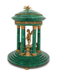 A Neoclassical Style Gilt Bronze Mounted Malachite Veneered Model of a Temple