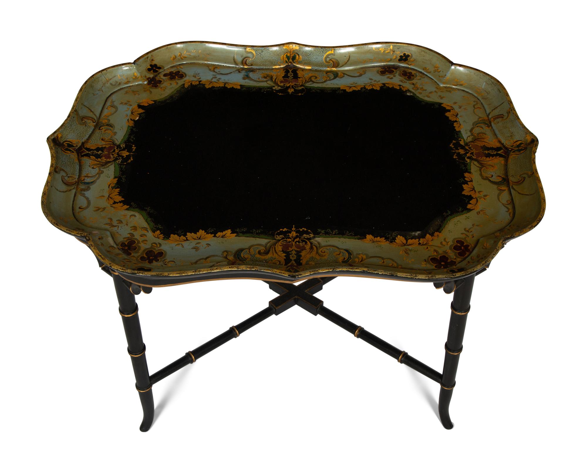 A Regency Style Black and Polychromed Lacquer Tray Top Table