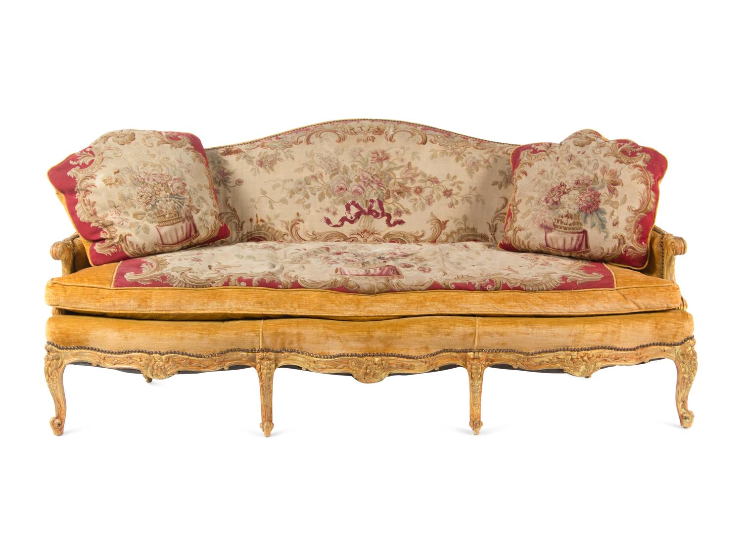 A Louis XV Painted Sofa with Aubusson Tapestry Upholstery