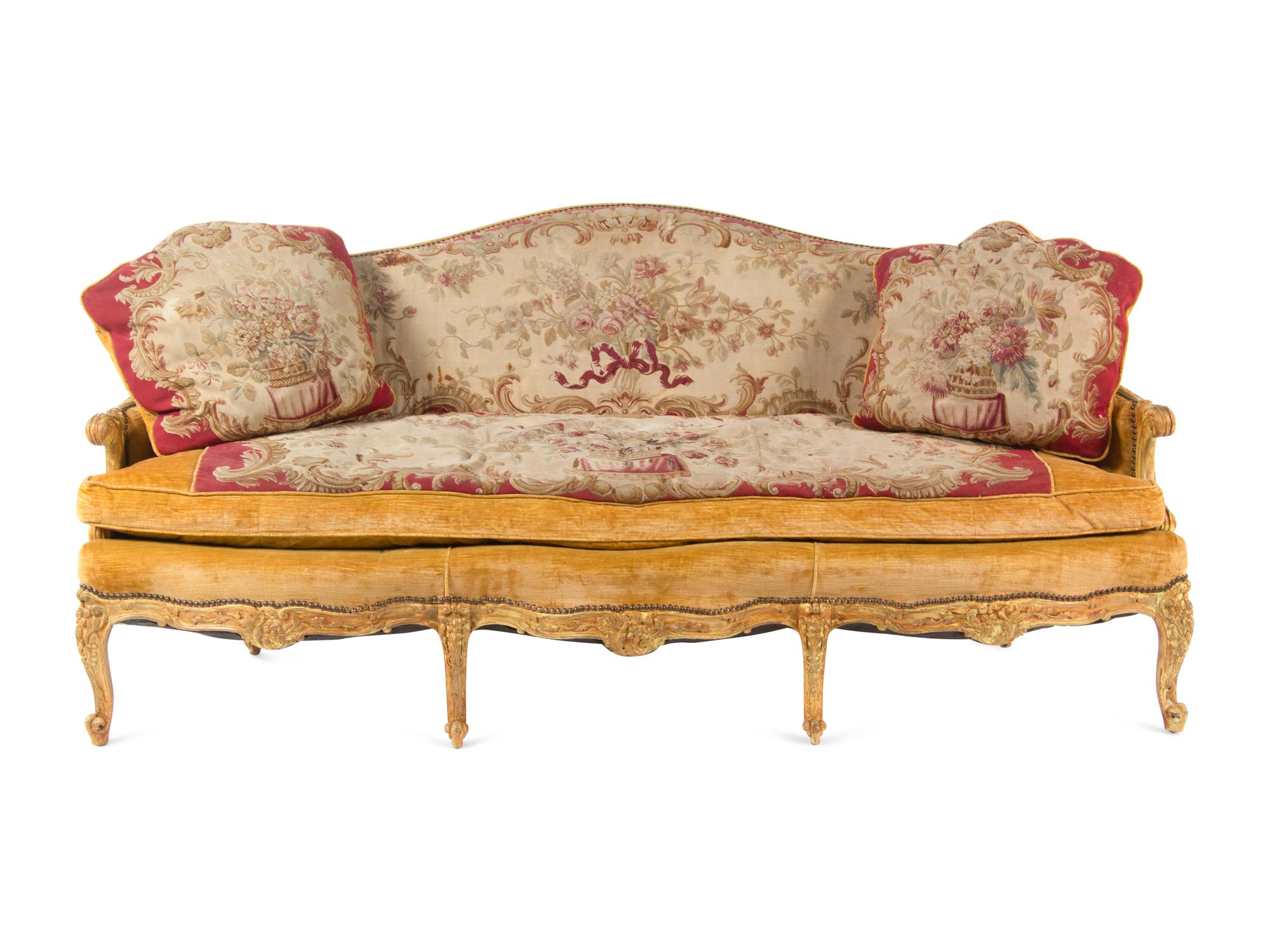 A Louis XV Painted Sofa with Aubusson Tapestry Upholstery