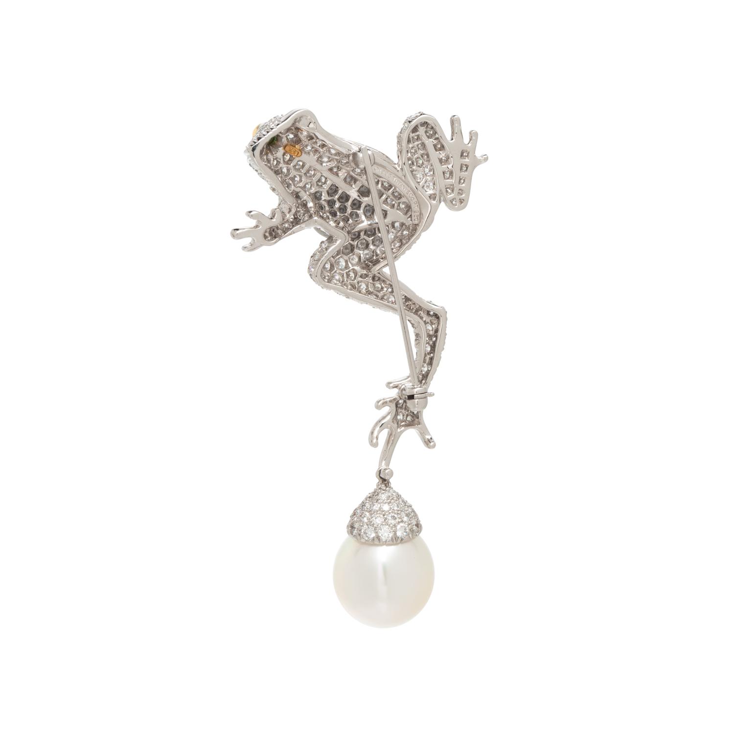 TIFFANY & CO., SOUTH SEA CULTURED PEARL AND DIAMOND 'LEAPING FROG' BROOCH