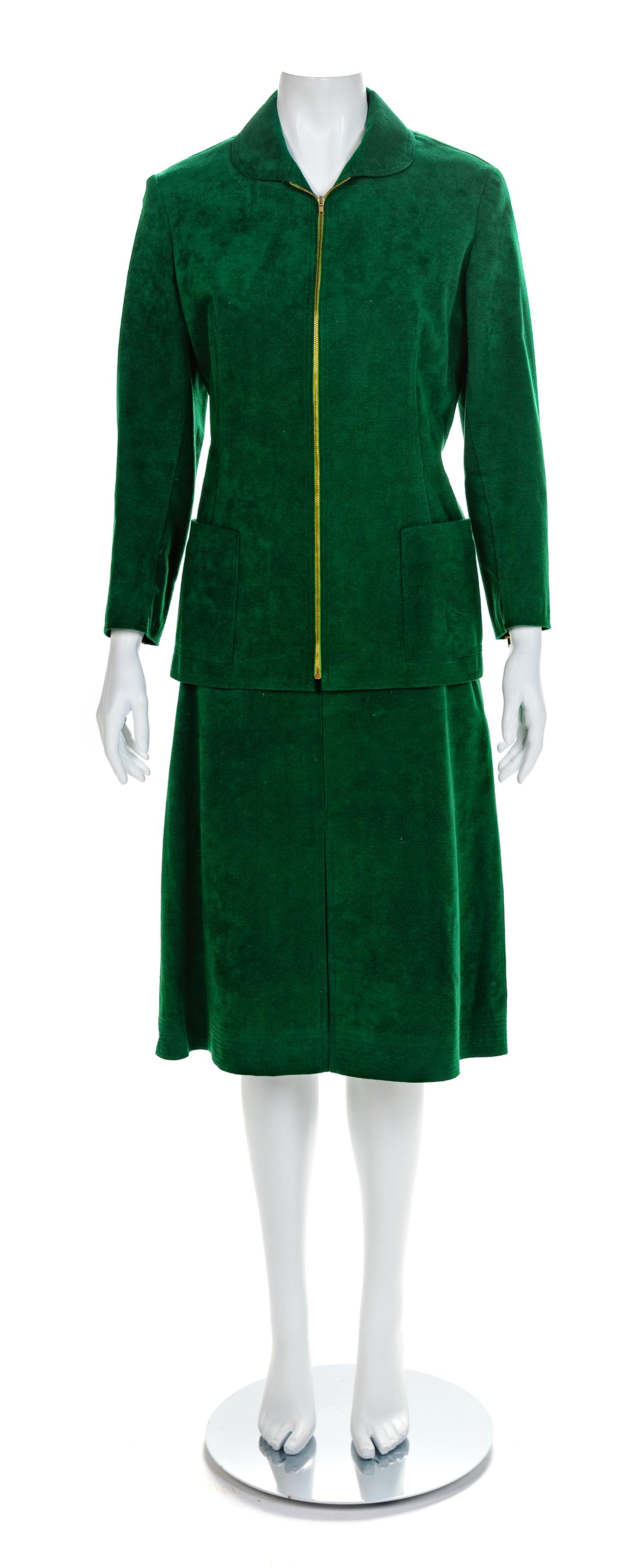 Halston Green Suede Skirt Suit, 1970s No size label