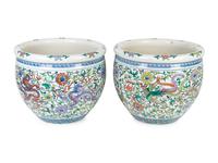 A Pair of Chinese Wucai Porcelain "Dragon" Jardinieres — 19TH CENTURY