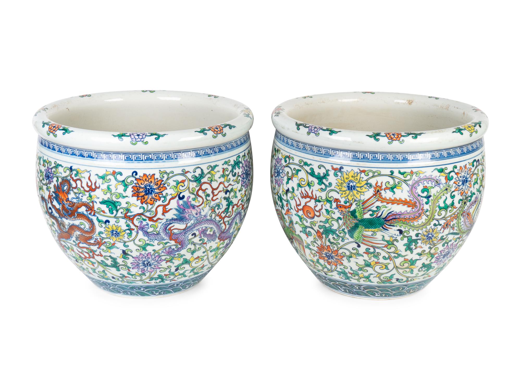 A Pair of Chinese Wucai Porcelain "Dragon" Jardinieres — 19TH CENTURY