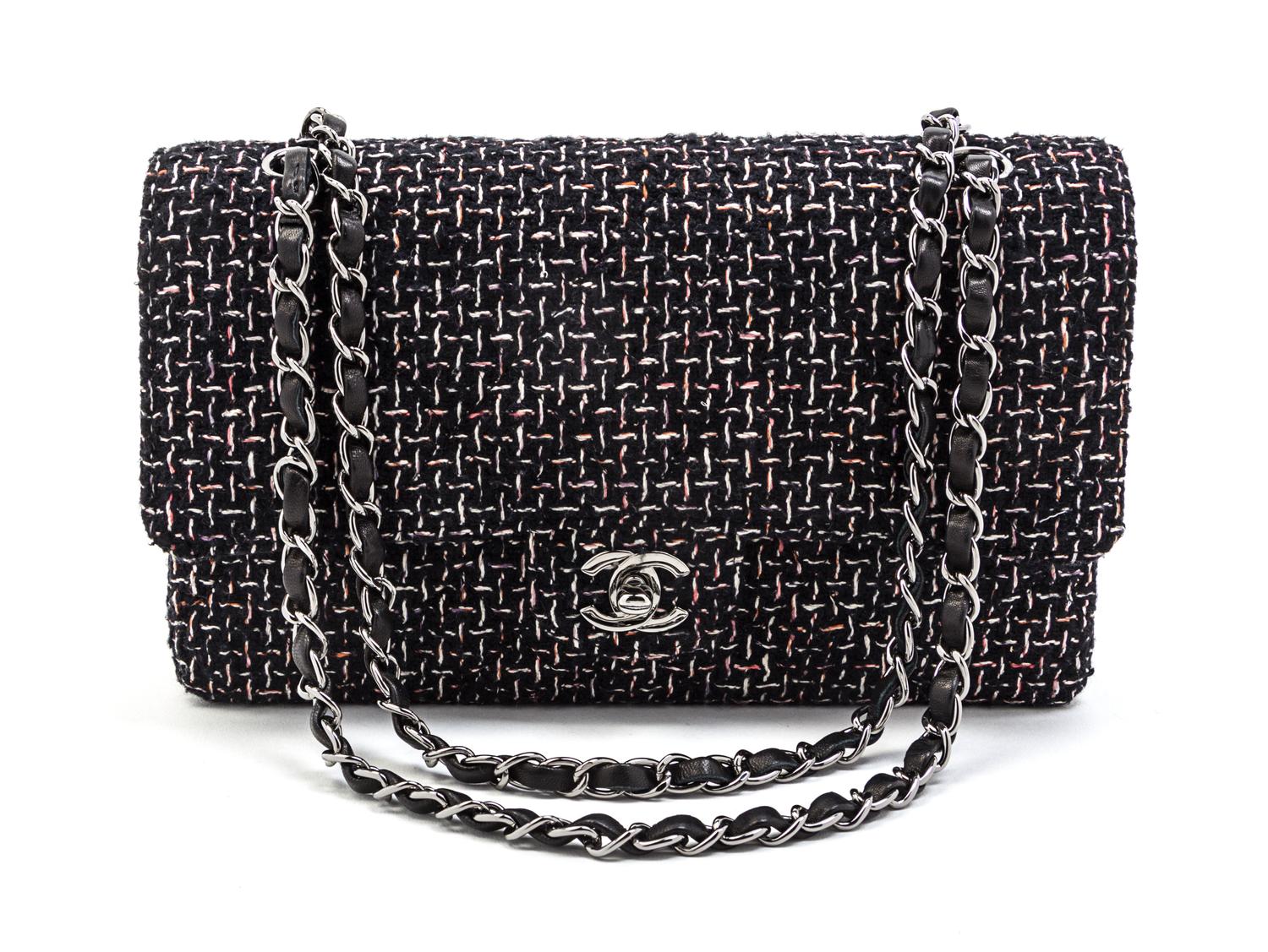 A Chanel Multicolor Tweed Double Flap Bag, 10 x 6 x 3 1/2 inches.