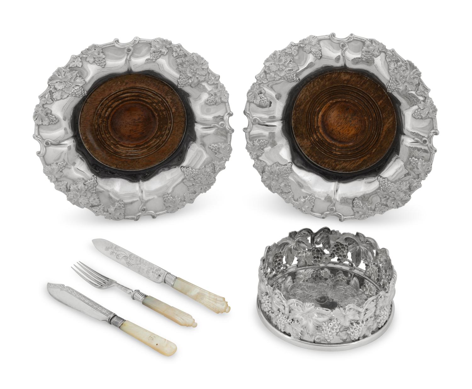 A Mother-Of-Pearl Handled Silver Fish Set and Three Sheffield Wine Coasters