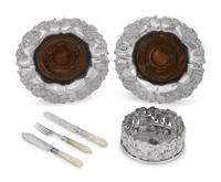 A Mother-Of-Pearl Handled Silver Fish Set and Three Sheffield Wine Coasters