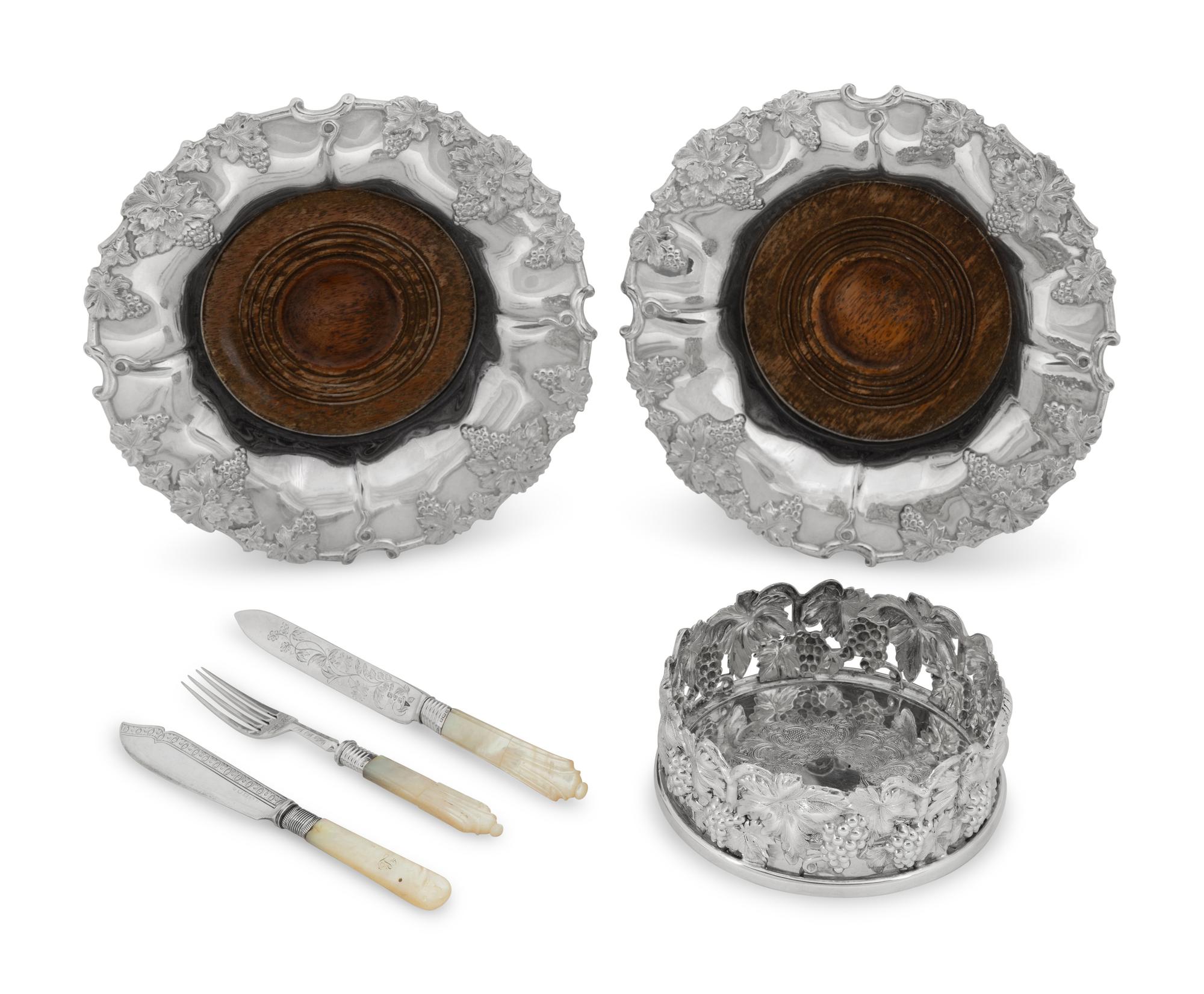 A Mother-Of-Pearl Handled Silver Fish Set and Three Sheffield Wine Coasters