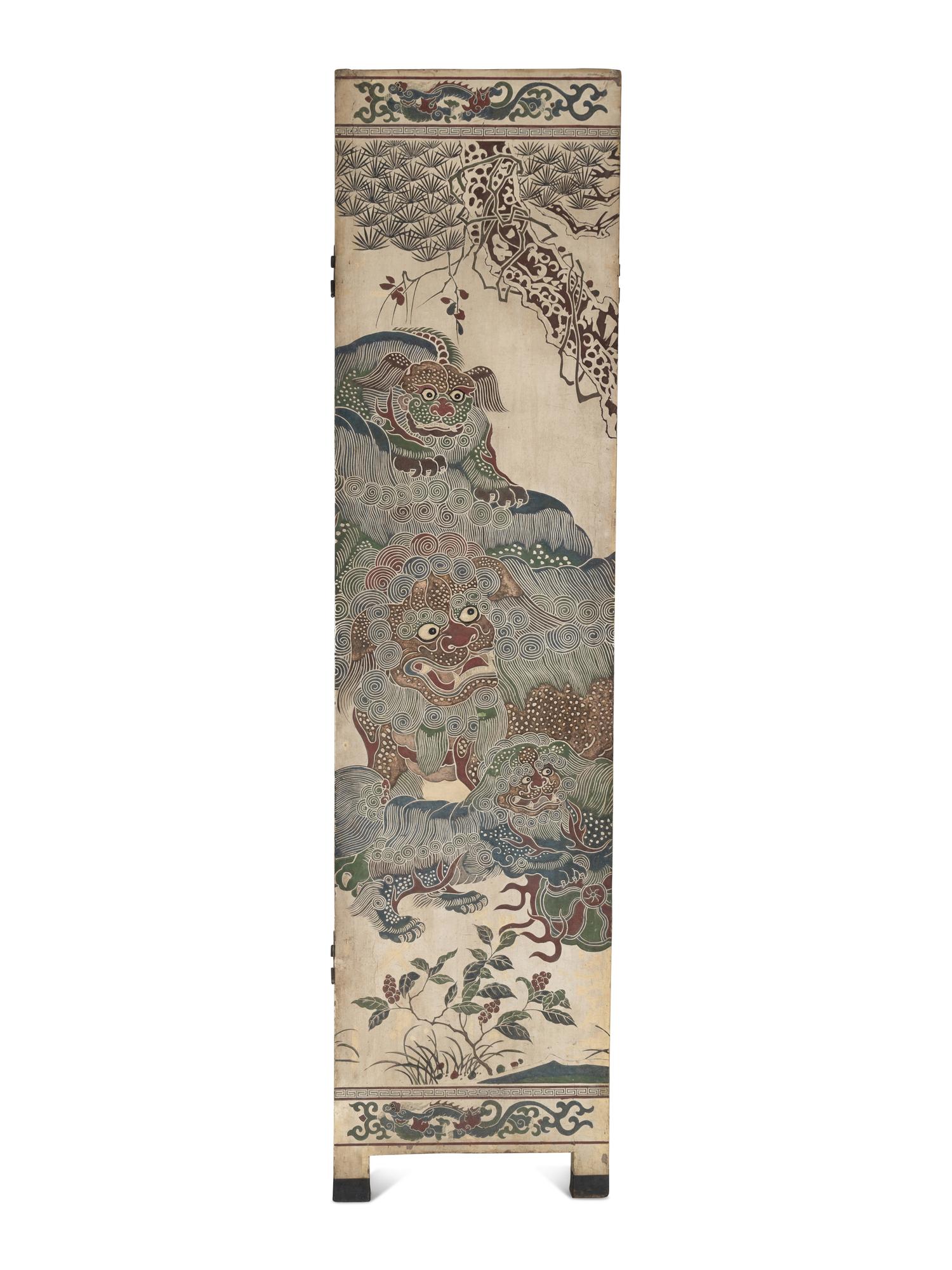 A Large Polychrome Lacquered Six-Panel Floor Screen