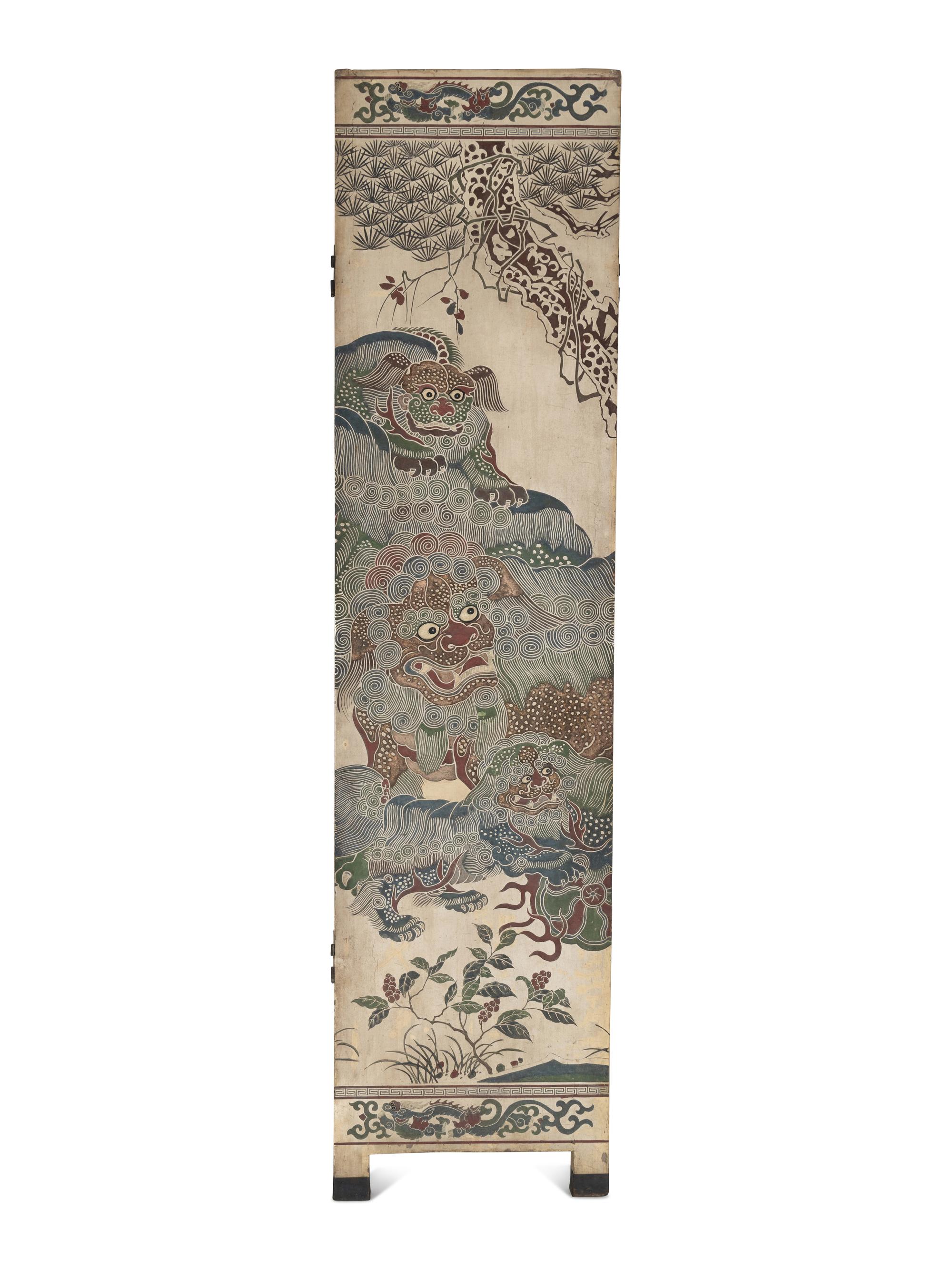 A Large Polychrome Lacquered Six-Panel Floor Screen