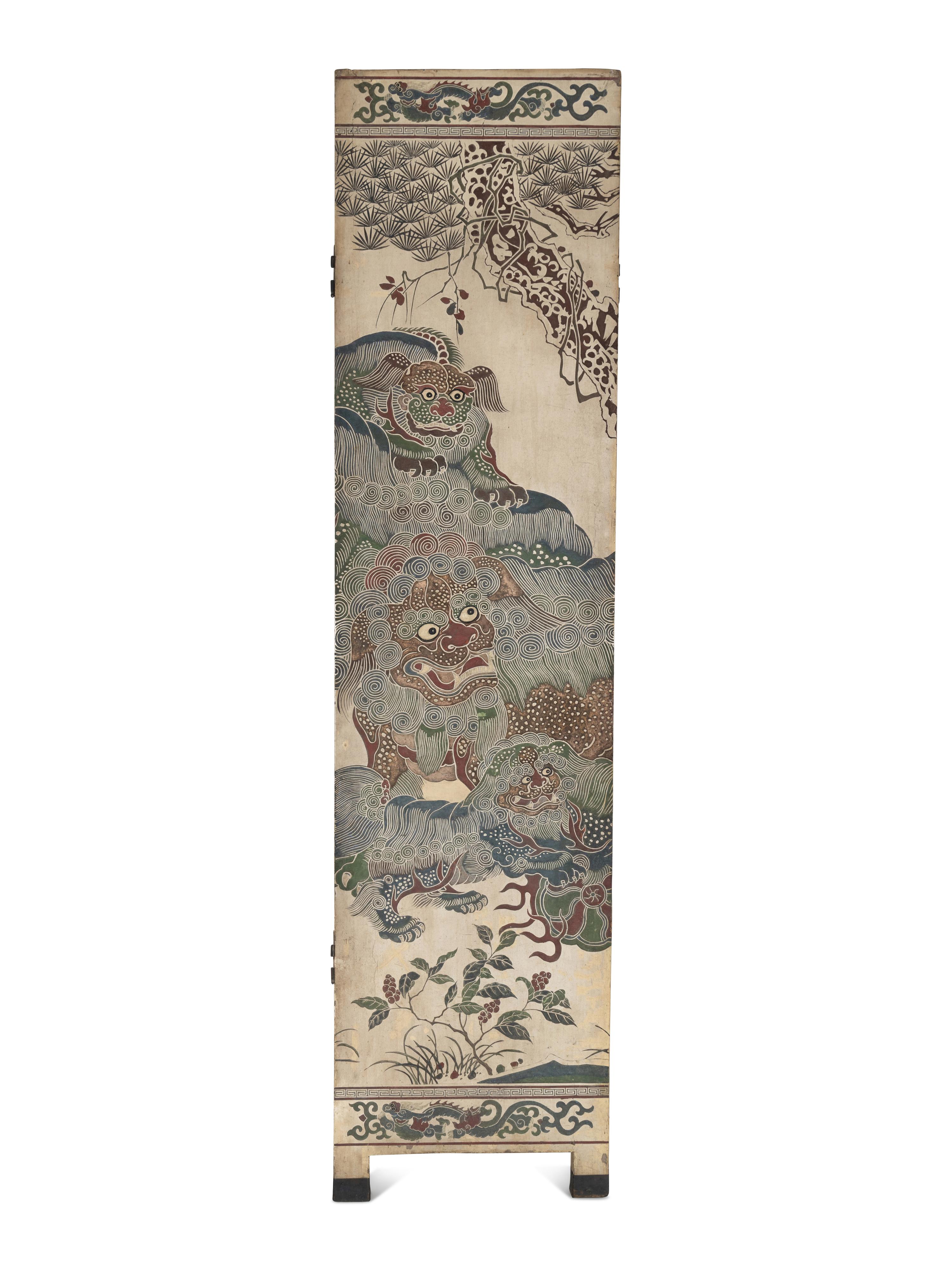 A Large Polychrome Lacquered Six-Panel Floor Screen