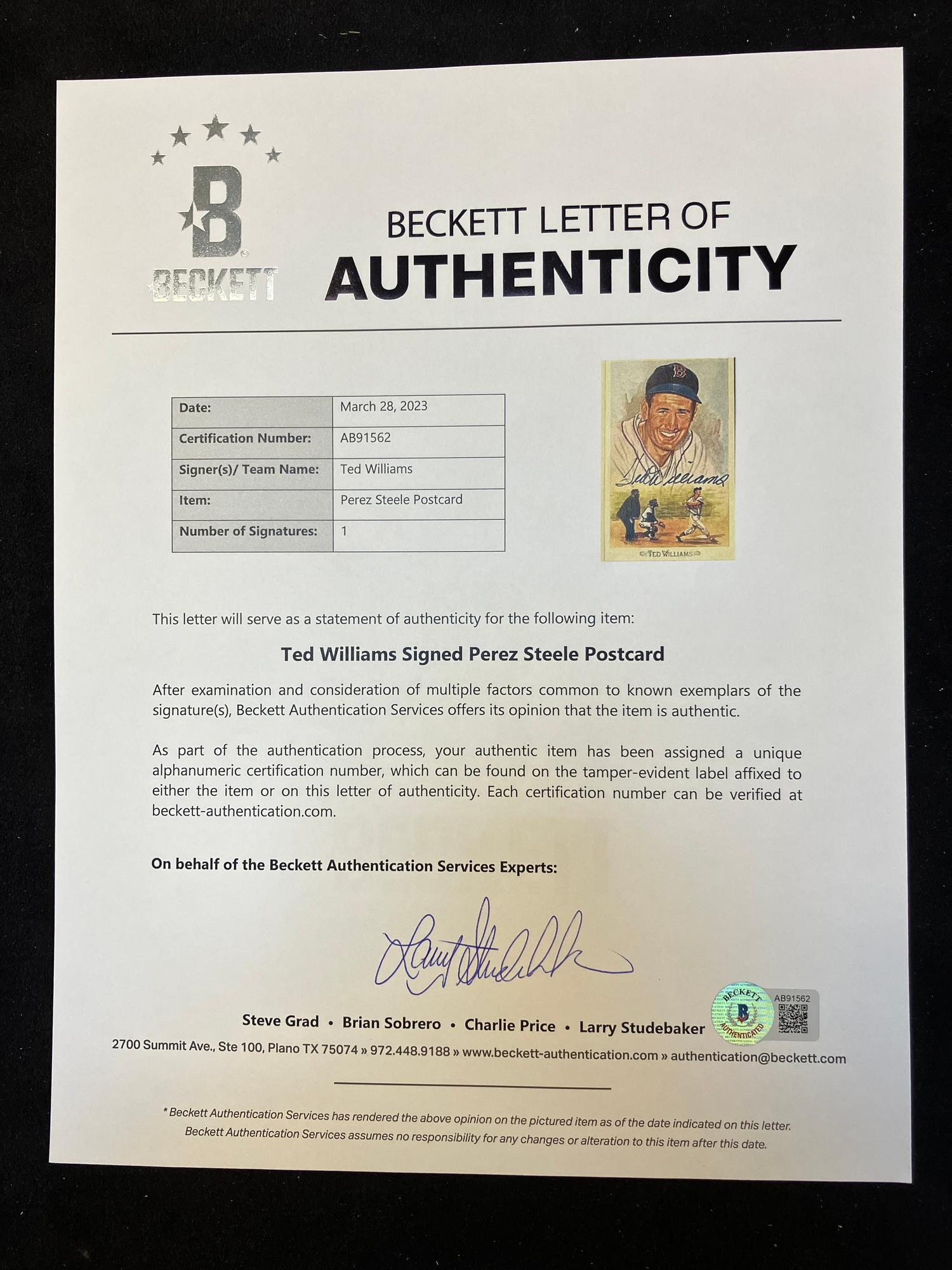 A Ted Williams Signed Autograph Perez Steele Baseball Postcard Plaque (Beckett Authentication Services Letter),