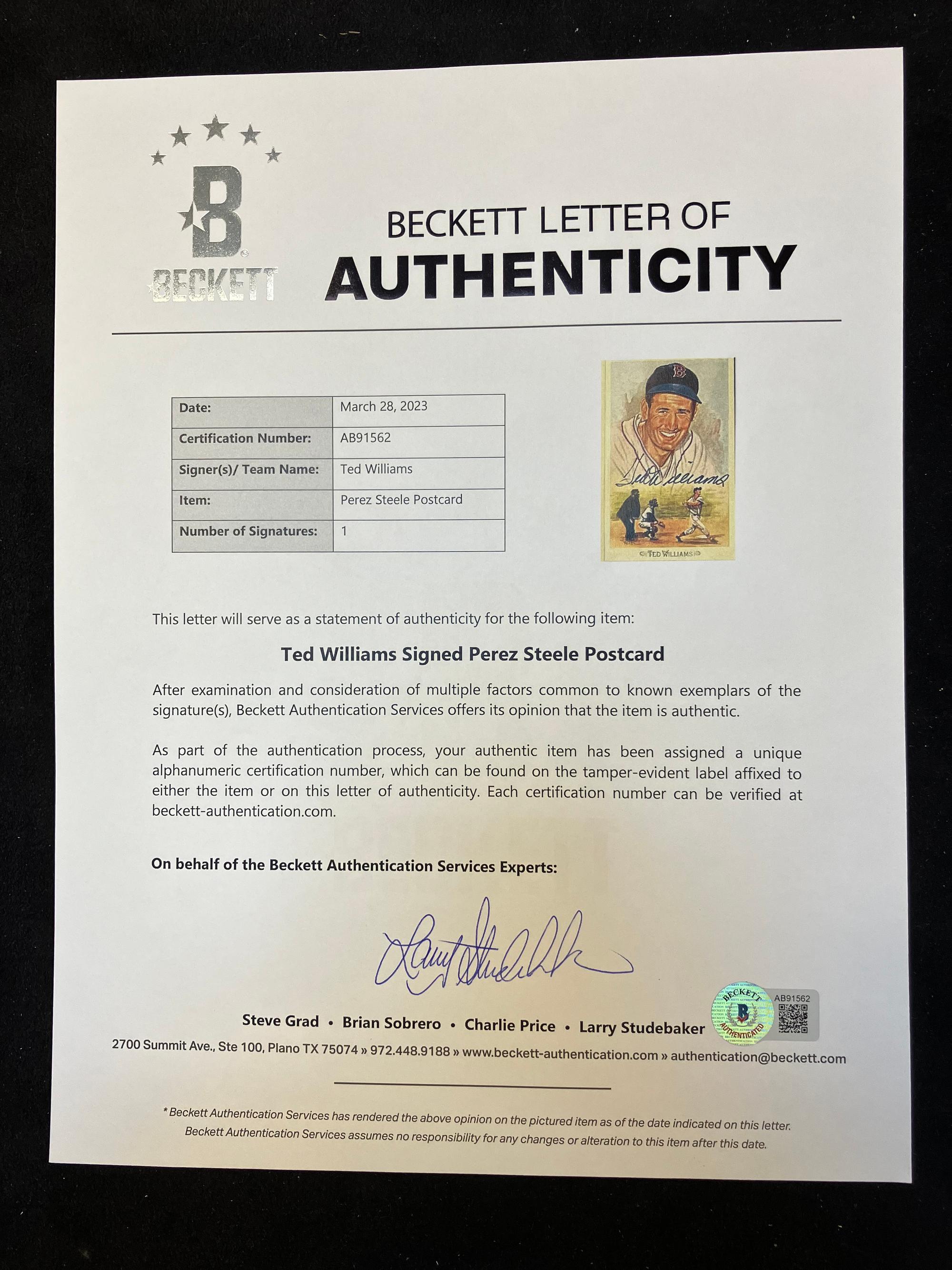 A Ted Williams Signed Autograph Perez Steele Baseball Postcard Plaque (Beckett Authentication Services Letter),
