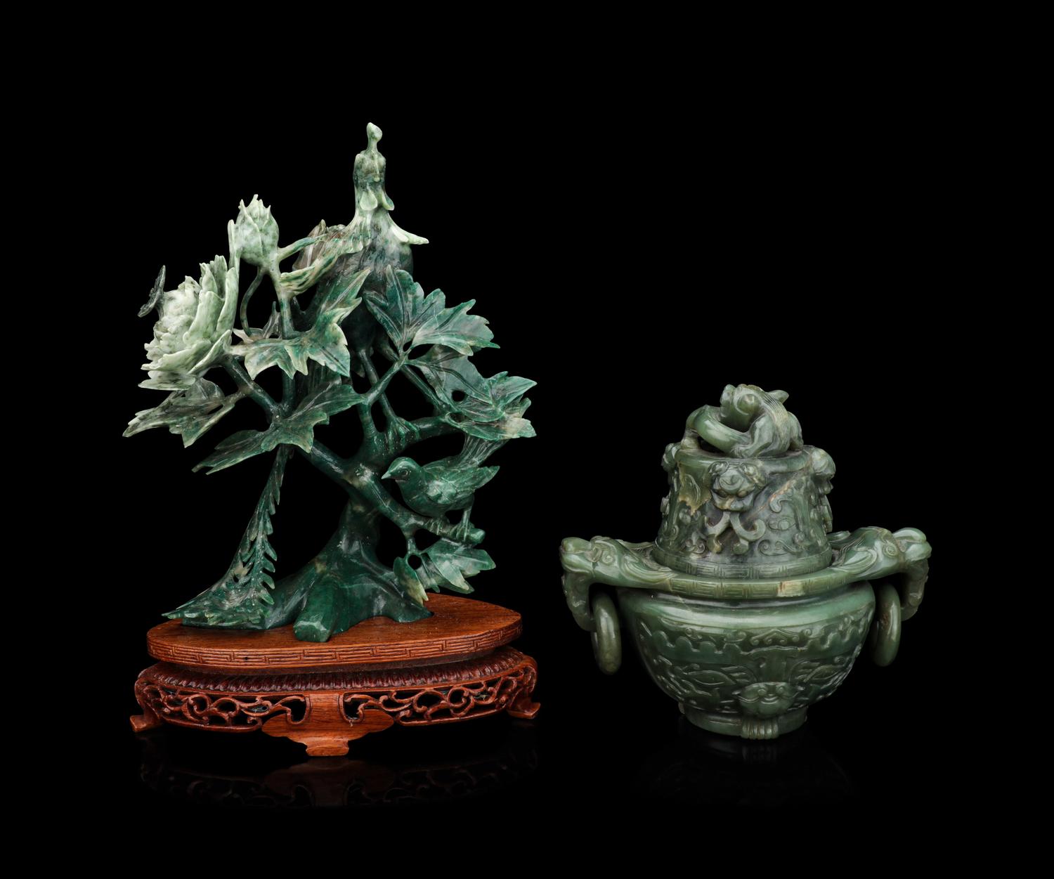 A Chinese Spinach Jade Incense Burner and A Green Jadeite 'Bird' Group