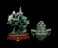 A Chinese Spinach Jade Incense Burner and A Green Jadeite 'Bird' Group