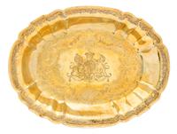 A Belgian Silver-Gilt Serving Dish of English Ducal Interest, Maker's Mark GV, Liege, 18th Century, of oval form, the undulating rim ch