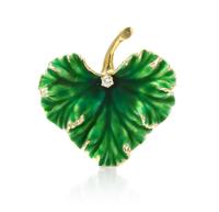 A 14 Karat Yellow Gold, Enamel and Diamond Leaf Brooch, Cartier, 3.30 dwts.