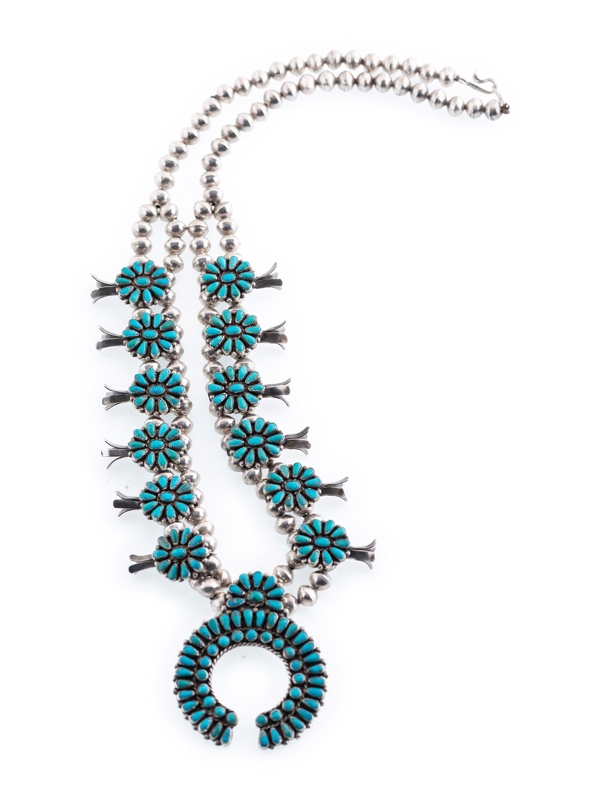 A Zuni Petit Point Turquoise Squash Bloom Necklace