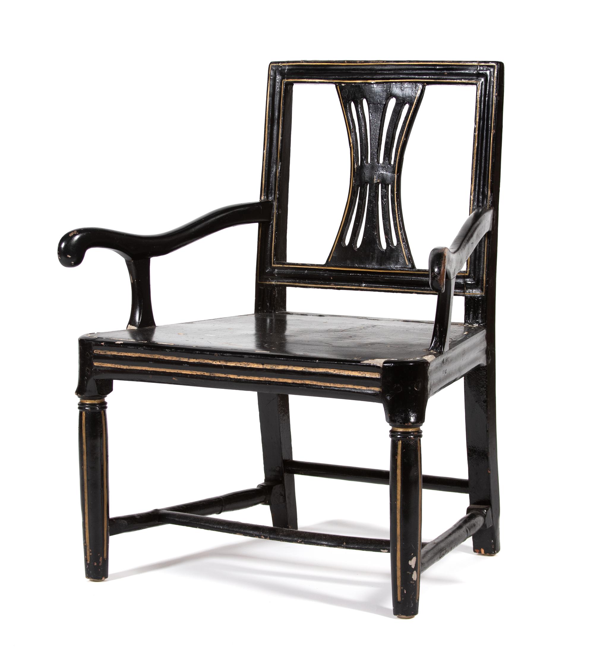 A Regency Style Ebonized and Parcel Gilt Open Armchair — 19TH CENTURY
