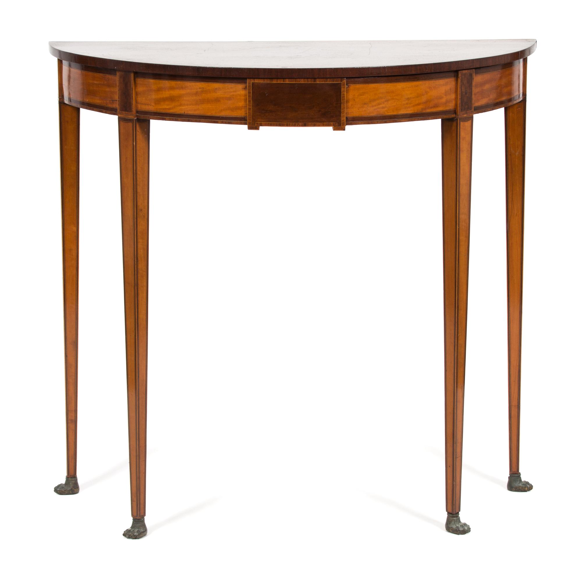 An American Hepplewhite Inlaid Birch Demilune Side Table Height 36 x width 37 3/4 x depth 17 3/4 inches. — 19TH CENTURY