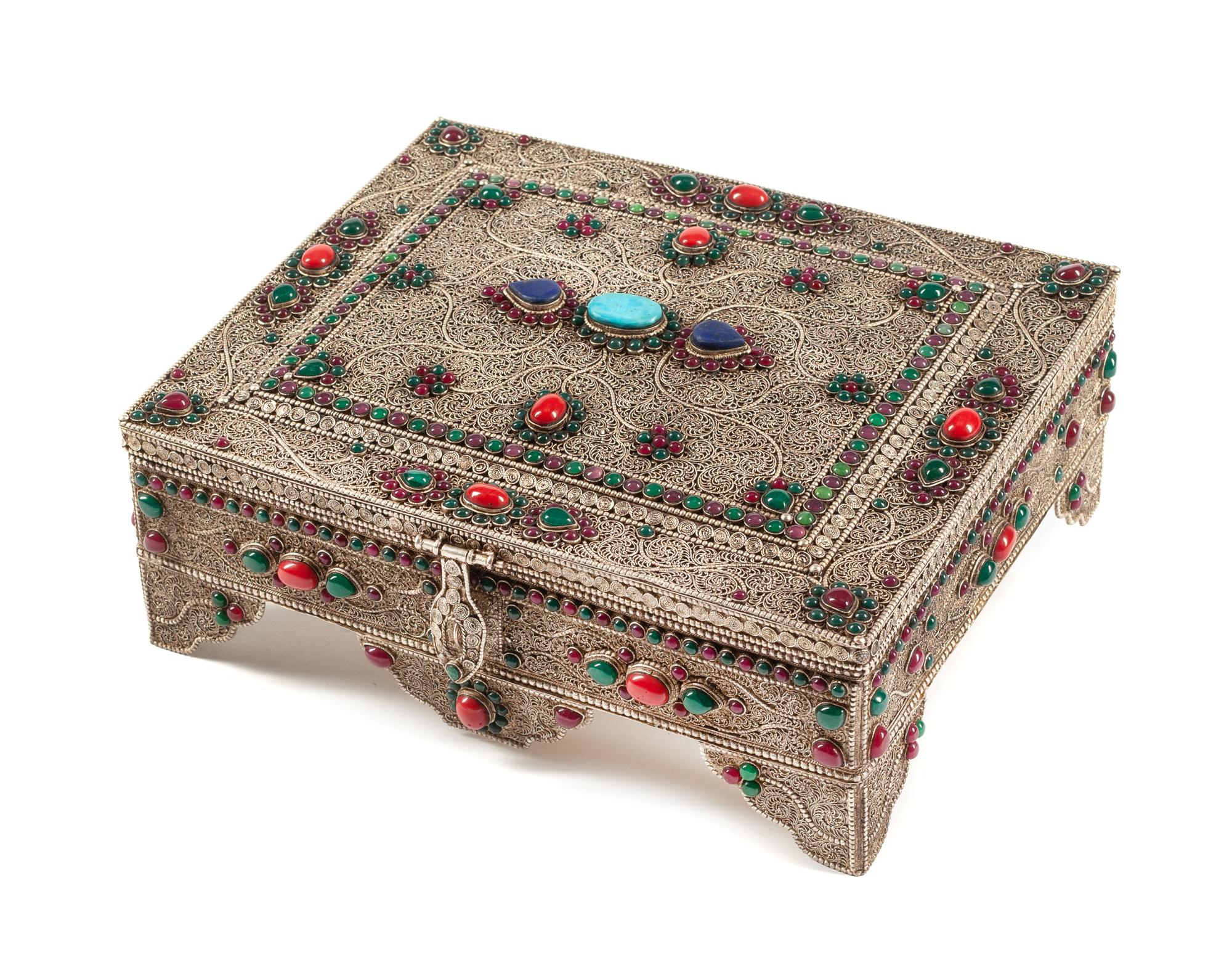 A Middle Eastern Emerald, Ruby and Lapis Lazuli Mounted Silver Filigree Table Casket, 20th Century,