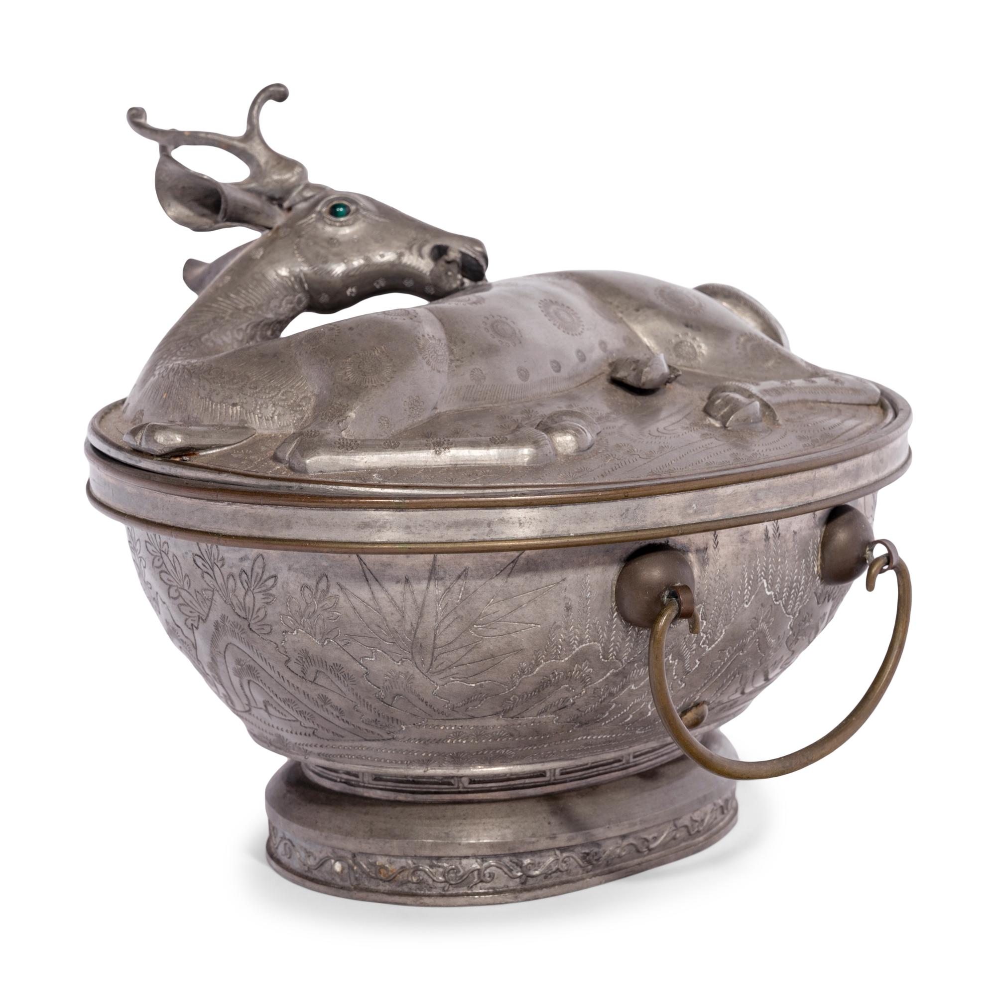 A Chinese Export Pewter 'Deer' Box and Cover