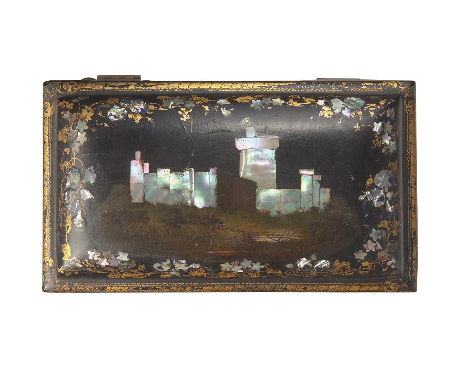 A Victorian Mother-of-Pearl Inlaid and Gilt-Decorated Black Lacquer Tea Caddy