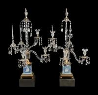 A Pair of George III Style Gilt Bronze Mounted Jasperware and Cut Glass Five-Arm Girandoles
