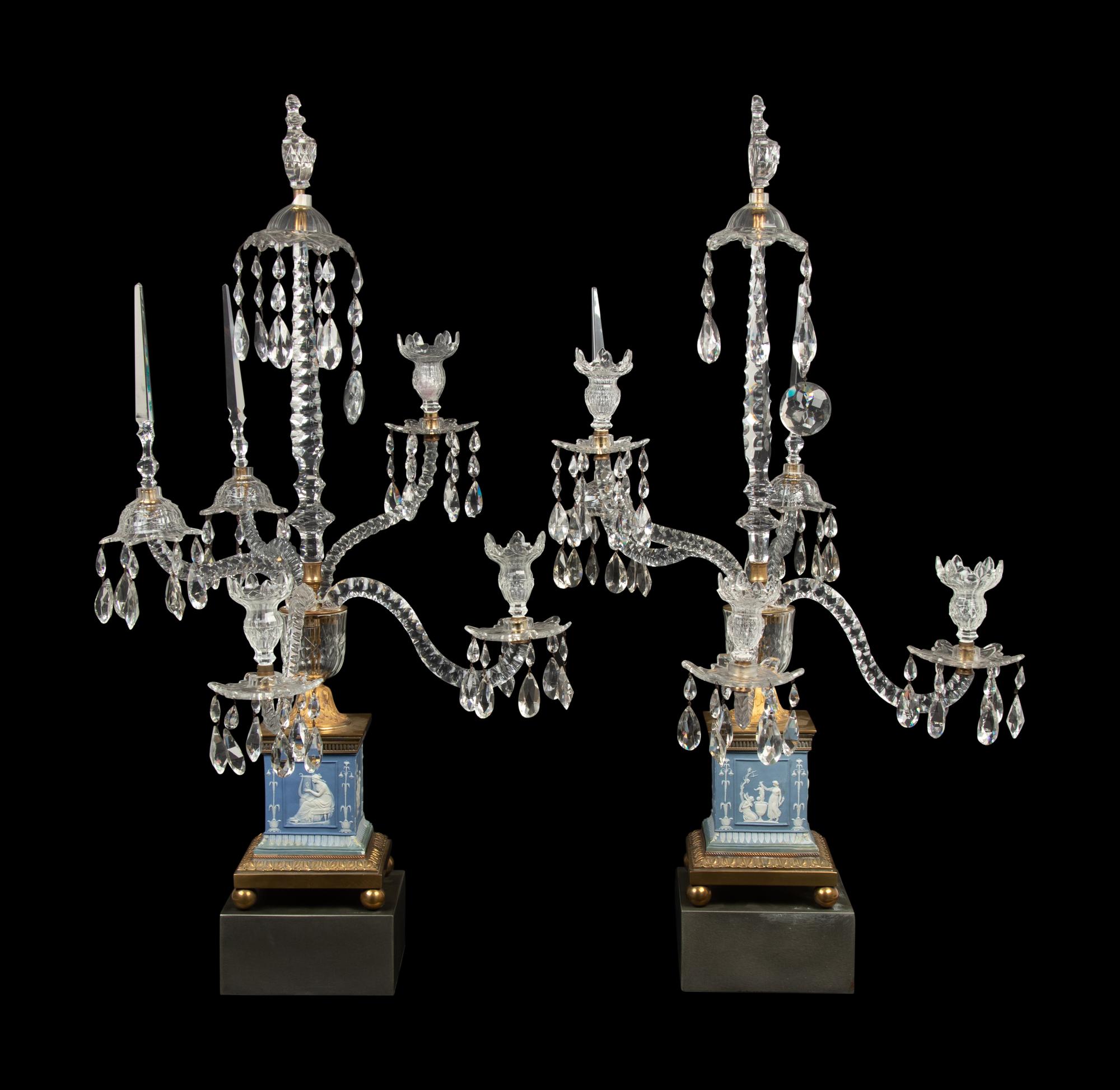 A Pair of George III Style Gilt Bronze Mounted Jasperware and Cut Glass Five-Arm Girandoles
