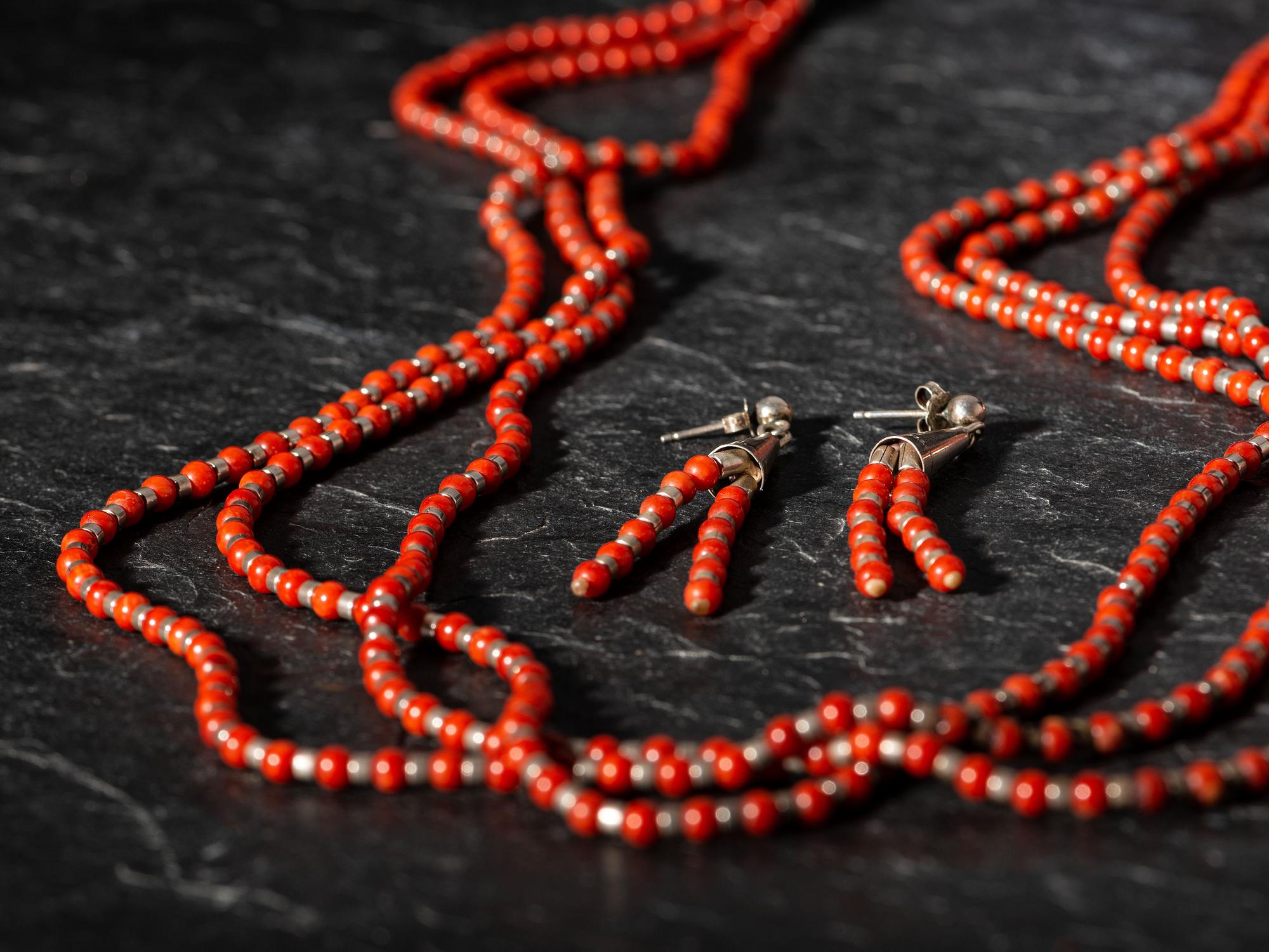Three-strand Red Coral and Silver Necklace, PLUS Matching Post Earrings