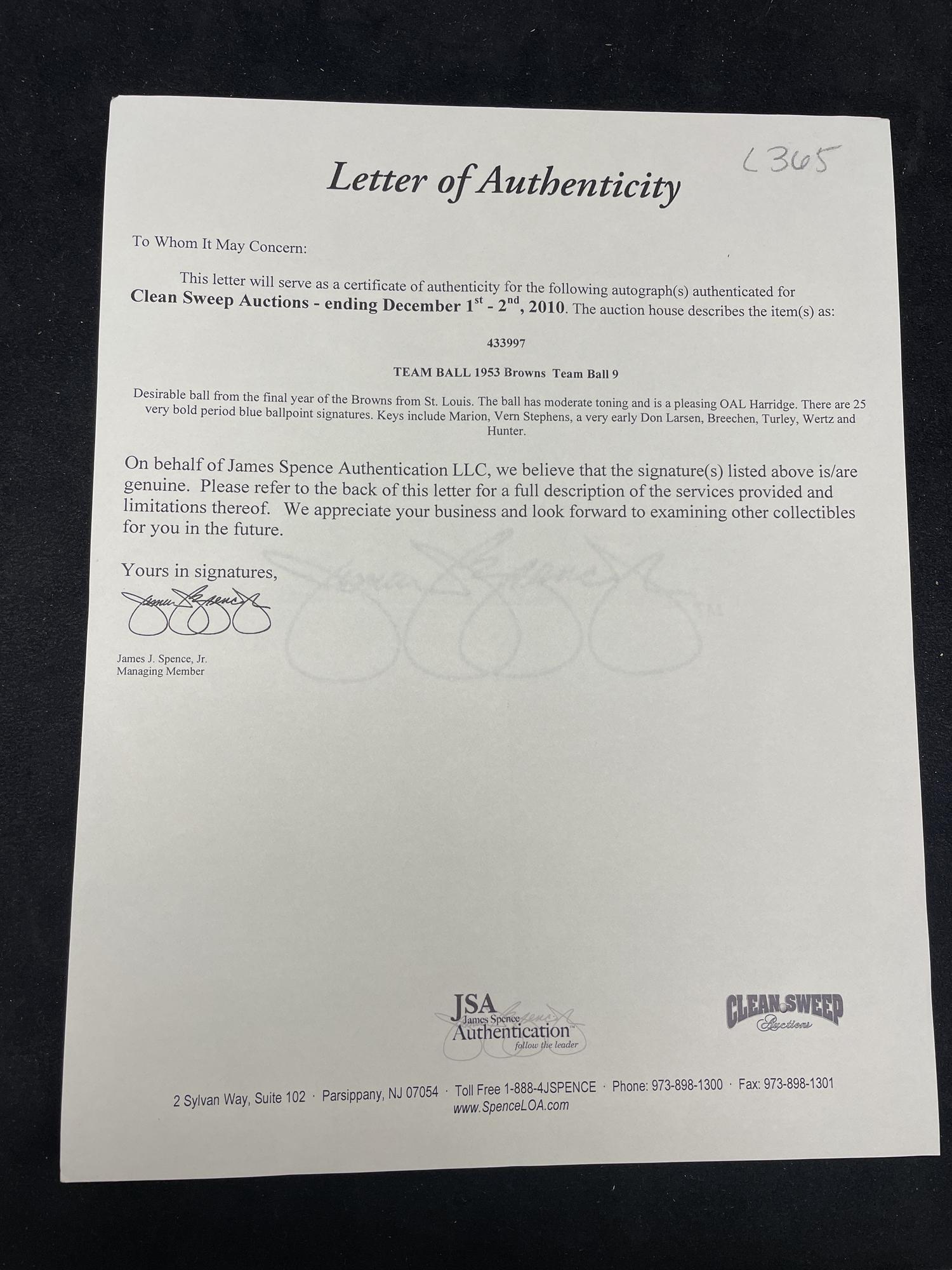 A 1953 St. Louis Browns Team Signed Autograph Baseball (JSA Auction Letter)