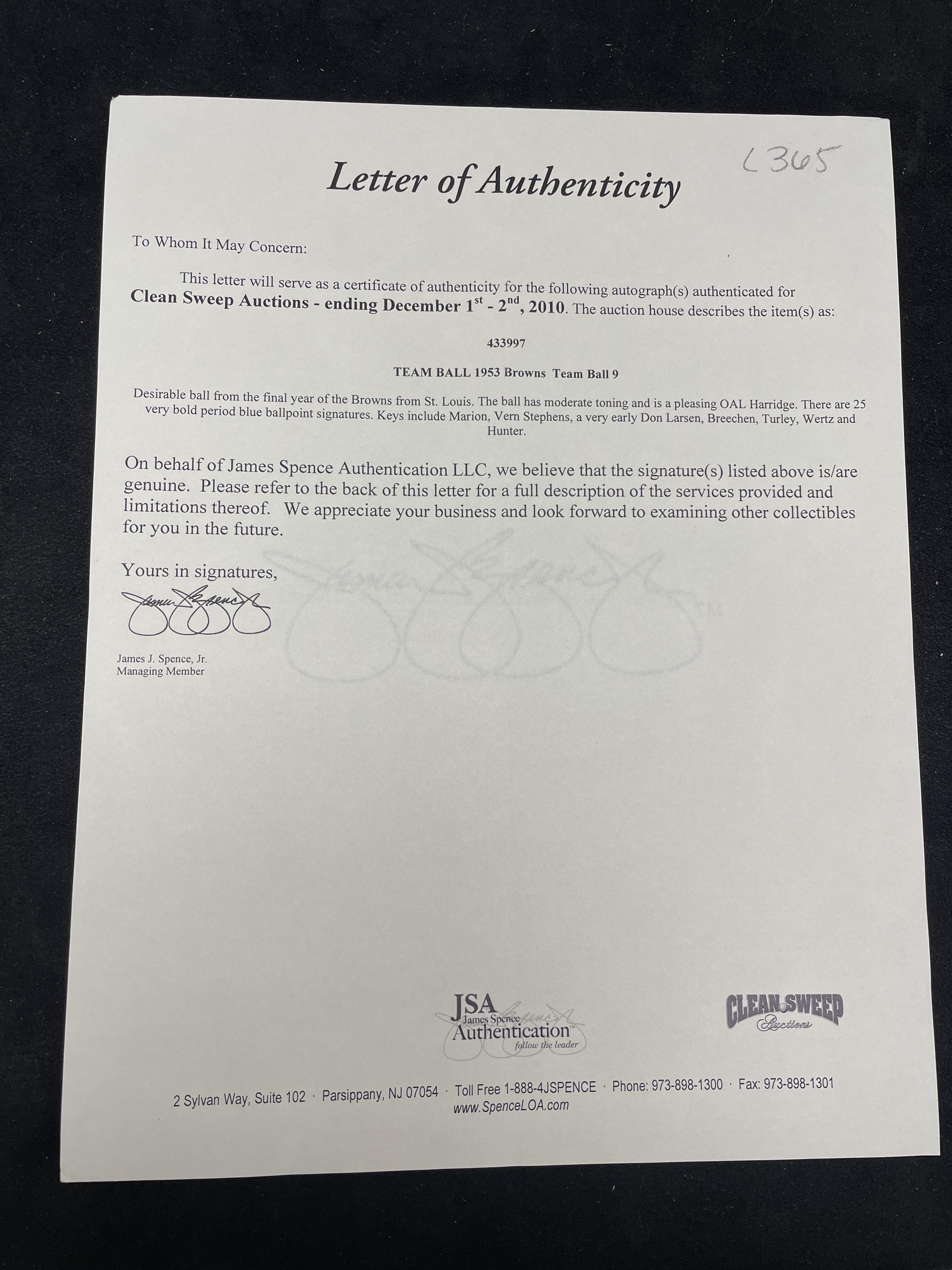 A 1953 St. Louis Browns Team Signed Autograph Baseball (JSA Auction Letter)