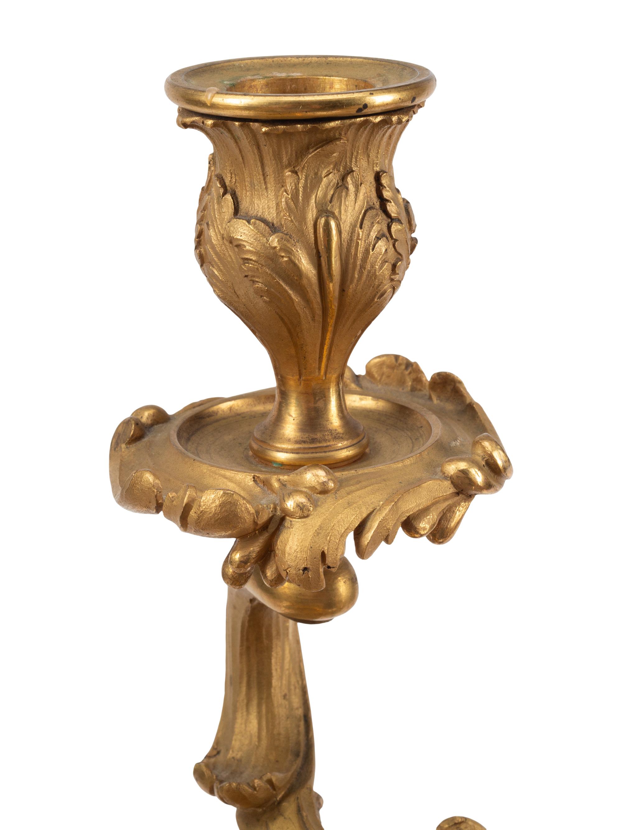 A Pair of Napoleon III Gilt Bronze and Rouge Griotte Marble Nine-Light Candelabra
