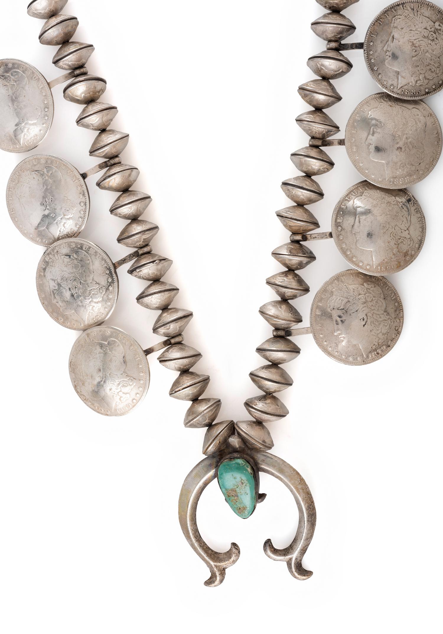Navajo Turquoise, Liberty Dime, and Silver Dollar Squash Blossom Necklace