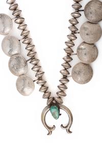 Navajo Turquoise, Liberty Dime, and Silver Dollar Squash Blossom Necklace