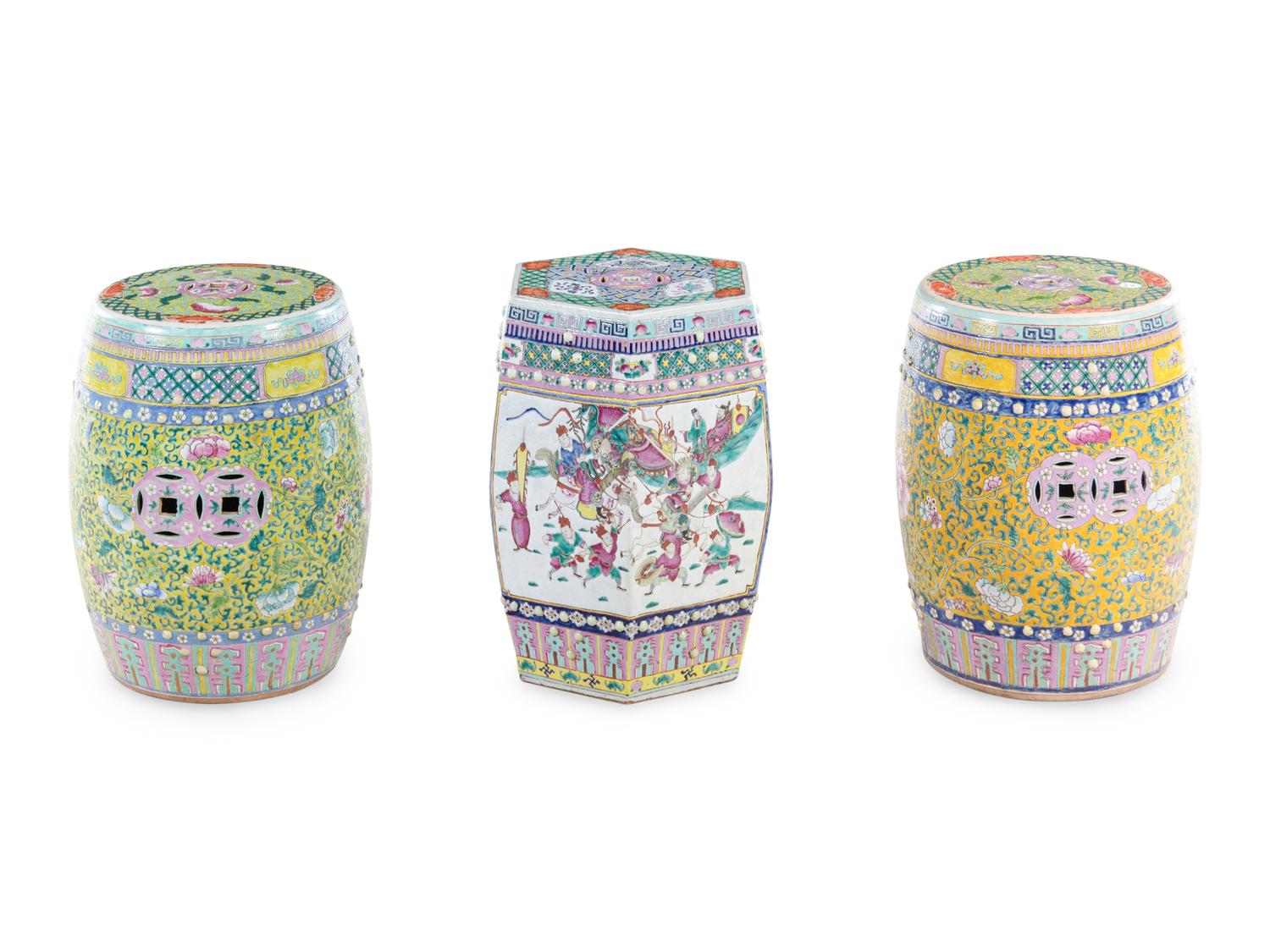 A Pair of Chinese Export Famille Jaune Porcelain Garden Stools
