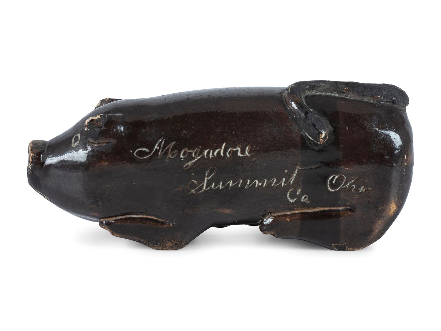 A Rare Mogadore, Ohio Inscribed Stoneware Pig Flask