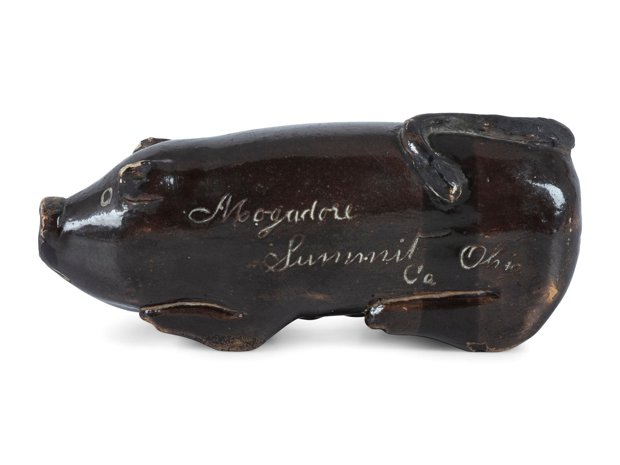 A Rare Mogadore, Ohio Inscribed Stoneware Pig Flask