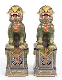 A Pair of Chinese Porcelain Foo Dogs Height 12 1/2 inches.